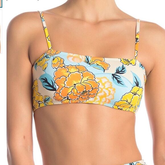 The Bikini Lab Spanish Bloom Lace Up Back Swim Top Size Large NWT Blue Yellow - Picture 1 of 5